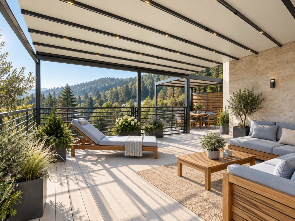 пергола на панорамной террасе (перголы со сдвижным тентом)